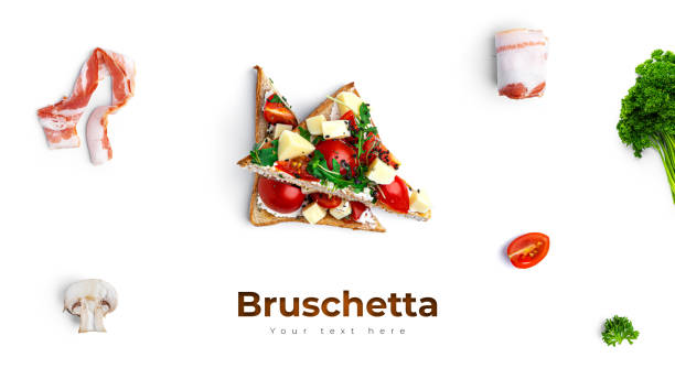 istock Bruschetta with different fillings on a white background. Vegetables, meat and cheese bruschetta 1289770236