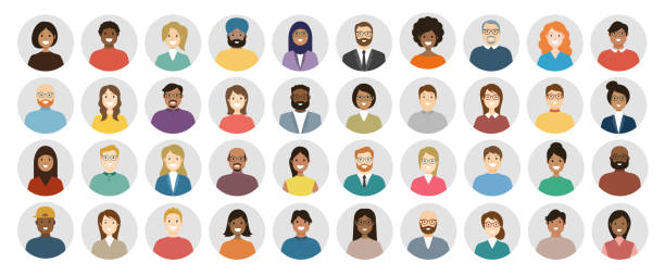 illustrations, cliparts, dessins animés et icônes de ensemble d’icônes rondes avatar people - profil divers visages pour le réseau social - illustration abstraite vectorielle - portrait image illustrations