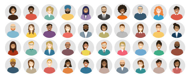 ilustrações de stock, clip art, desenhos animados e ícones de people avatar round icon set - profile diverse faces for social network - vector abstract illustration - retrato