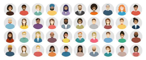 Vector illustration of People Avatar Round Icon Set - Profile Diverse Faces for Social Network - vector abstract illustration