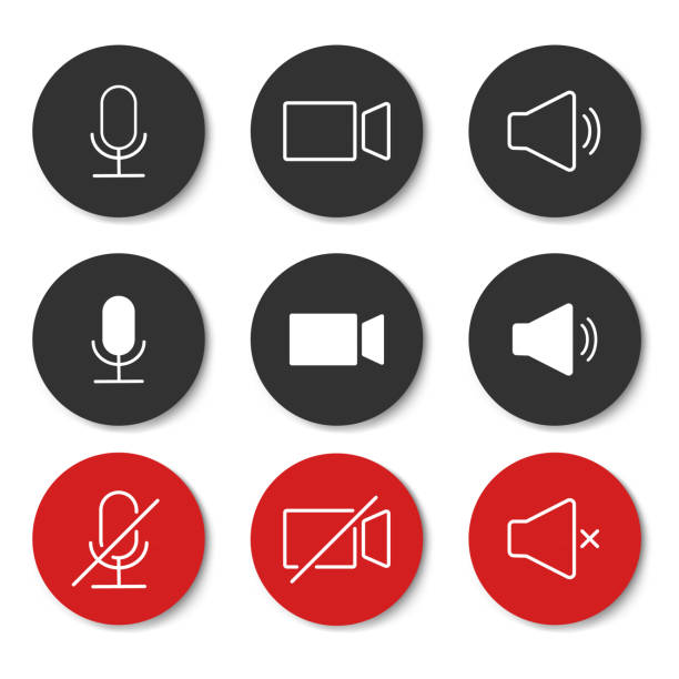 значки, связанные с динамиком, микрофоном и видеокамерой. основные значки для видеоконференции, вебинара и видеочата. - speak no evil stock illustrations