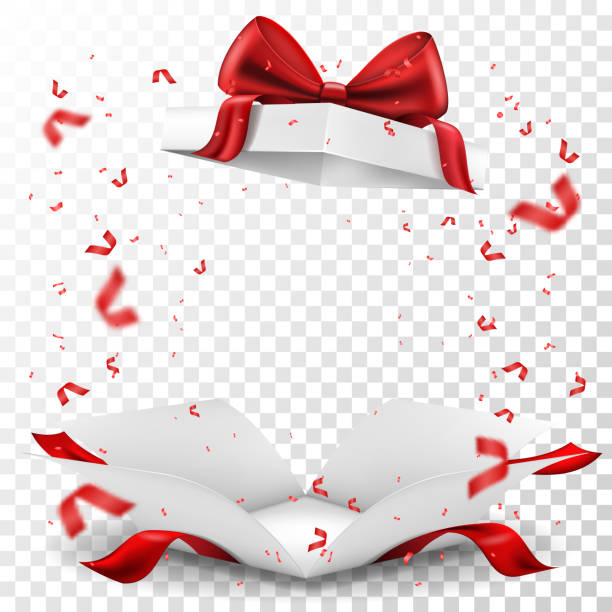 открытая подарочная коробка с красным бантом и серпантином на прозрачном фоне - holiday background stock illustrations