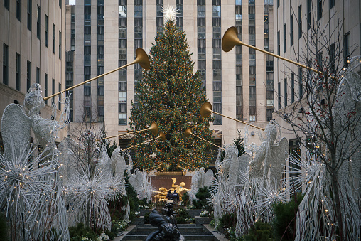 Manhattan, New York. December 03, 2020. Rockefeller Center decorated Christmas tree.