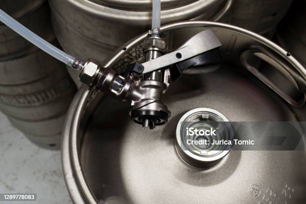 Top View Of A Beer Keg With A Detached Coupler And Pipes Stock Photo - Download Image Now