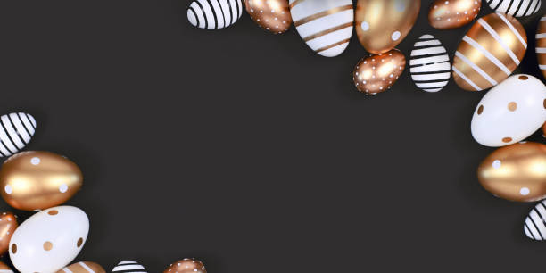 istock Banner with golden, black and white easter eggs painted with stripes, hearts and dots in corners of black background 1289779978