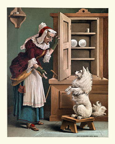 Vintage illustration of a scene from Old Mother Hubbard an English-language nursery rhyme. The Cupboard was bare