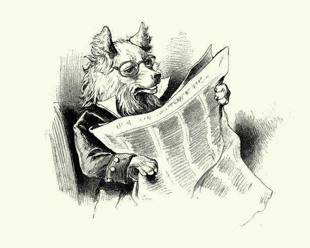 Vintage illustration of a scene from Old Mother Hubbard an English-language nursery rhyme. The Dog was reading the newspaper
