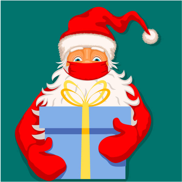 istock Christmas illustration with Santa Claus in a protective mask, with a gift in his hands. 1289785830