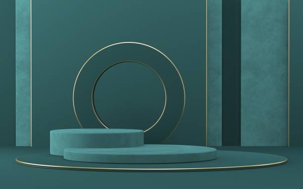 istock Mock up podium for product presentation cylinders stage with striped wall 3D 1289786663