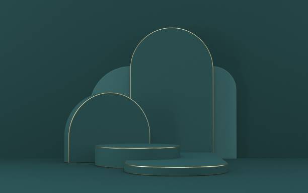 istock Mock up podium for product presentation golden edges cylinders stage 3D 1289786688