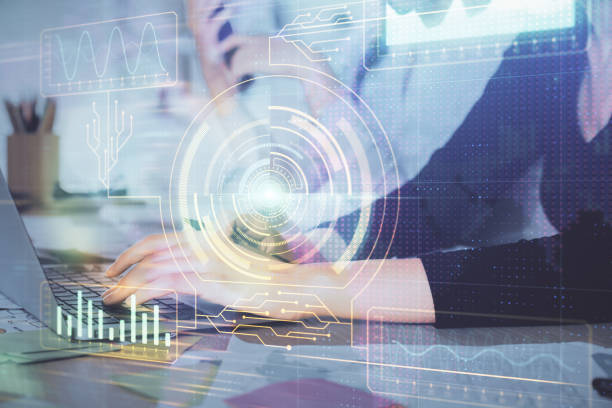 istock Multi exposure of woman hands working on computer and data theme hologram drawing. Tech concept. 1289788802