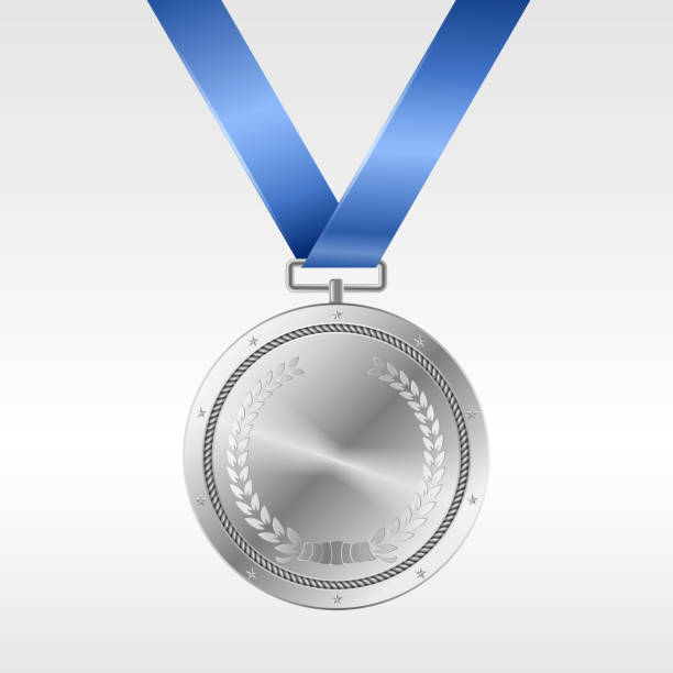 istock Realistic silver medal on blue ribbon: award for second place in competition 1289789795