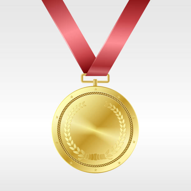 Realistic golden medal on red ribbon: award for first place in competition Realistic golden medal on red ribbon: award for first place in competition. Gold prize trophy 3d on white background. Vector illustration gold medal stock illustrations