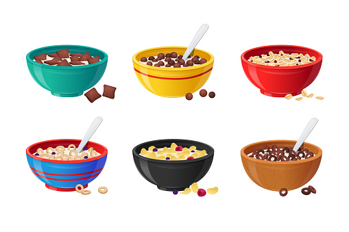 Set Ceramic Bowls with Cereals Breakfast, Milk, Chocolate and Berries. Healthy Food Concept. Realistic Colorful Soup Plates with Dairy Drink Isolated on White Background. 3d Vector Illustration, Icons