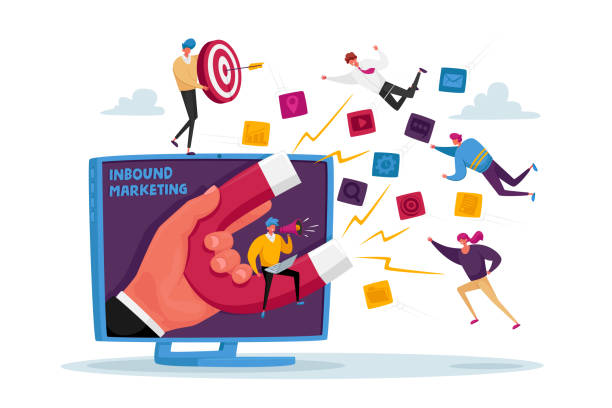 Huge Hand on Computer Monitor with Magnet Attracting new Leads and Generating Income with Inbound Marketing Technology Huge Hand on Computer Monitor with Magnet Attracting new Leads and Generating Income with Inbound Marketing Technology. Businessman Character Attracting Clients. Cartoon People Vector Illustration magnetic field stock illustrations