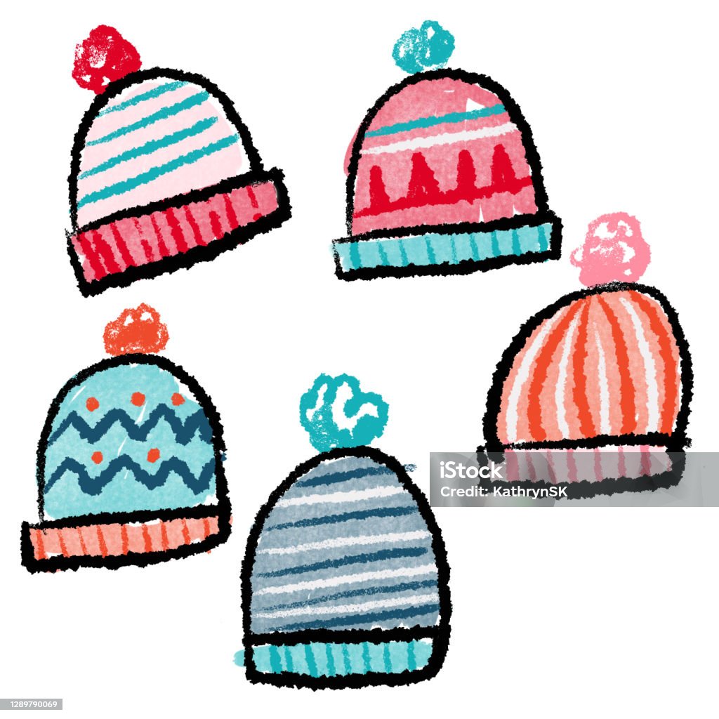 Hand drawn winter beanie hats Group of hand drawn winter hats Knit Hat stock illustration