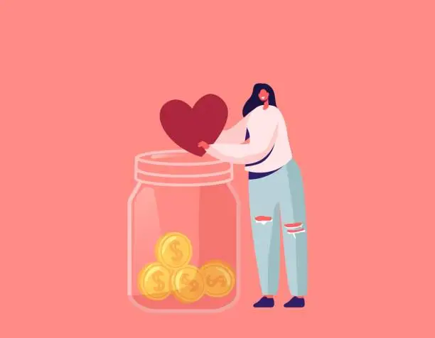 Vector illustration of Donation, Volunteers Charity Concept. Tiny Female Character Throw Heart into Huge Glass Jar with Coins for Donate