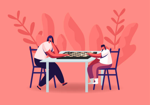 ilustrações de stock, clip art, desenhos animados e ícones de woman and little girl playing checkers. intelligence boardgame leisure or family hobby, mother and daughter board game - thinking little girls teenage girls women
