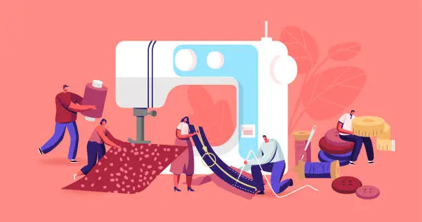 Vector illustration of Tailor Characters Repair Clothes, Creative Atelier Fashion Design Concept, Tiny Dressmakers Create Outfit and Apparel