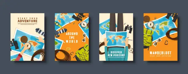 Vector illustration of Travel and tourism flat style covers set. World, earth map navigation. Journey, summer time holidays. Travelling, exploring worldwide. Vector illustration