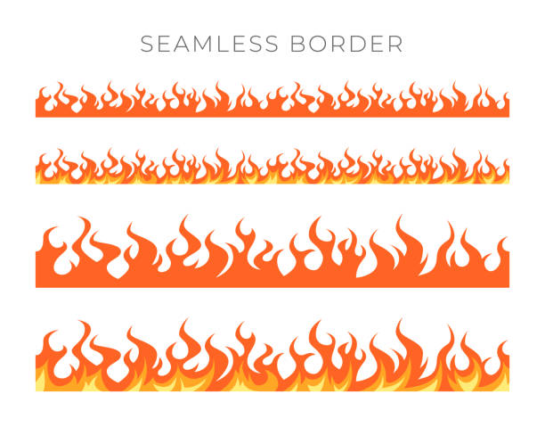 Flame borders in cartoon style, vector set Seamless fire borders. Set with endless horizontal flame designs. Vector illustration isolated on a white background in cartoon style. flame borders stock illustrations