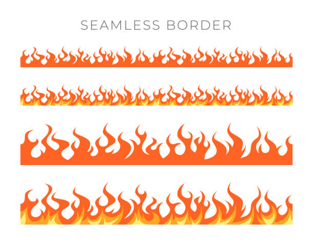 Flame borders in cartoon style, vector set Seamless fire borders. Set with endless horizontal flame designs. Vector illustration isolated on a white background in cartoon style. tattoo seamless texture stock illustrations