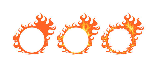Round fire frames for designs, vector set Flame circles set. Round fire frames for designs. Vector illustration isolated on a white background in cartoon style. flame silhouettes stock illustrations