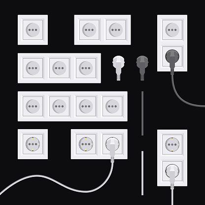 Electric sockets set. European outlets type C and F with plugs. Vector illustration in flat style.