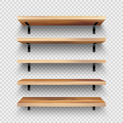 Realistic empty wooden store shelves set. Product shelf with wood texture and black wall mount. Grocery rack. Vector illustration