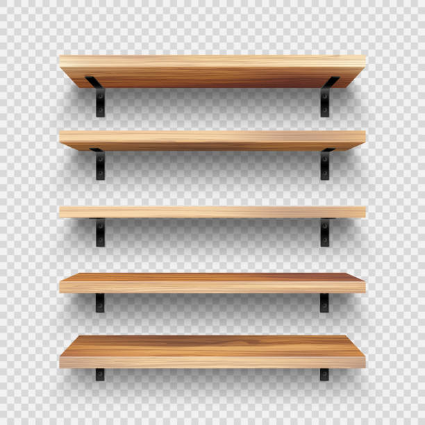 Realistic empty wooden store shelves set. Product shelf with wood texture and black wall mount. Grocery rack. Vector illustration Realistic empty wooden store shelves set. Product shelf with wood texture and black wall mount. Grocery rack. Vector illustration shelf stock illustrations