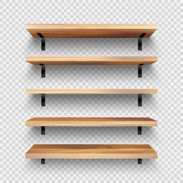 Vector illustration of Realistic empty wooden store shelves set. Product shelf with wood texture and black wall mount. Grocery rack. Vector illustration