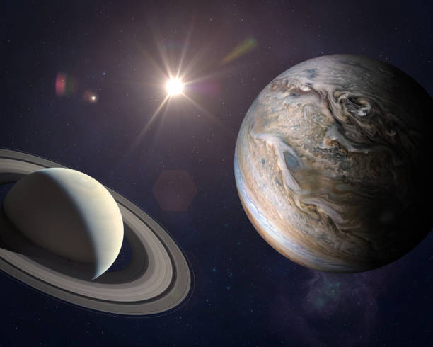 Great Conjunction: Jupiter and Saturn. Great Conjunction: Jupiter and Saturn Meet on Solstice. Rare Jupiter-Saturn Conjunction. Elements of this image furnished by NASA. ______ Url(s): 
https://images.nasa.gov/details-PIA22949
https://solarsystem.nasa.gov/resources/17549/saturn-mosaic-ian-regan
Software: Adobe Photoshop CC 2015. Knoll light factory. Adobe After Effects CC 2017. jupiter stock pictures, royalty-free photos & images