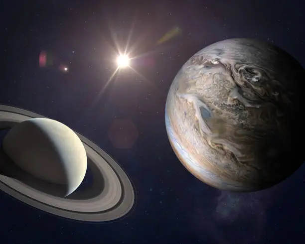 Great Conjunction: Jupiter and Saturn Meet on Solstice. Rare Jupiter-Saturn Conjunction. Elements of this image furnished by NASA. ______ Url(s): 
https://images.nasa.gov/details-PIA22949
https://solarsystem.nasa.gov/resources/17549/saturn-mosaic-ian-regan
Software: Adobe Photoshop CC 2015. Knoll light factory. Adobe After Effects CC 2017.