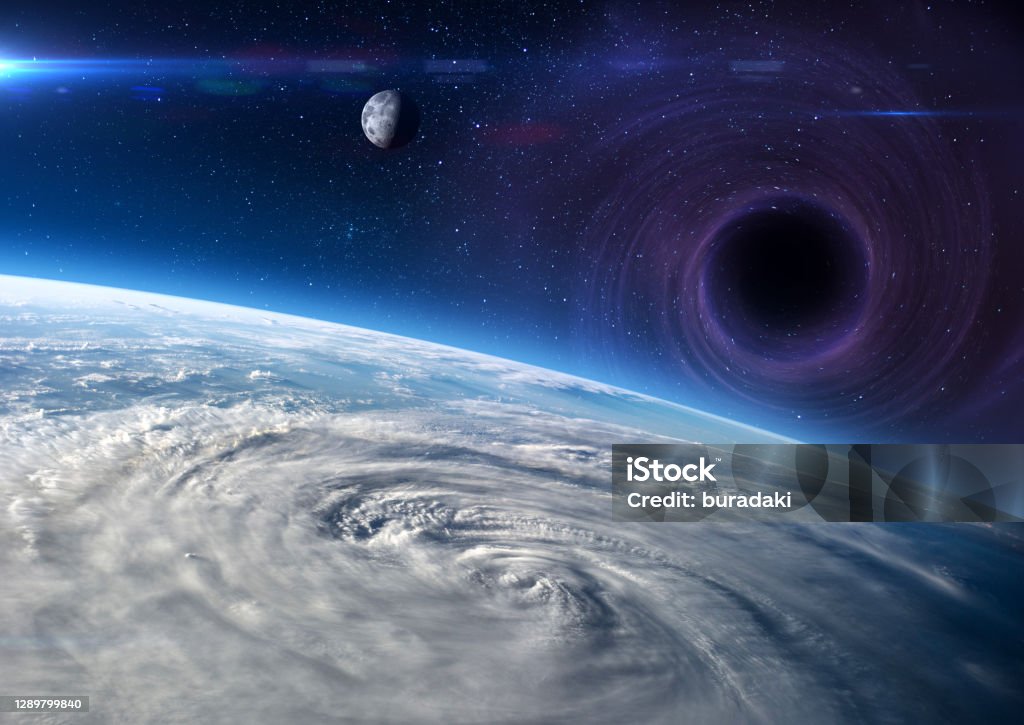 Earth and Black hole. Earth, Moon and Black hole. Abstract space wallpaper. Storm, hurricane, typhoon - concept cataclysm in universe. Elements of this image furnished by NASA. ______ Url(s): 
https://images.nasa.gov/details-iss040e088925
https://www.nasa.gov/multimedia/imagegallery/image_feature_1538.html
Software: Adobe Photoshop CC 2015. Knoll light factory. Adobe After Effects CC 2017. Black Hole - Space Stock Photo