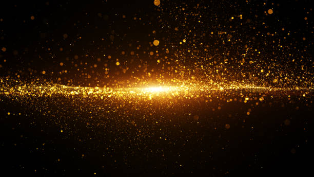 istock Gold color digital particles wave flow and light flare. Abstract technology background. 1289801405