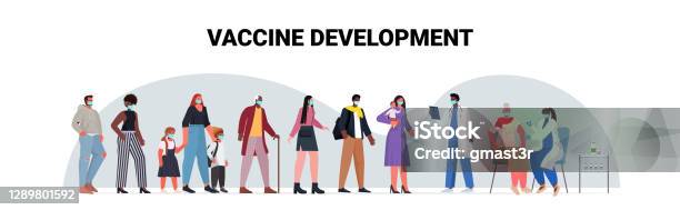 Mélanger Les Patients De Race Dans Des Masques En Attente De Covid19 Vaccin Coronavirus Prévention Campagne De Vaccination Médicale Vecteurs libres de droits et plus d'images vectorielles de Vaccin