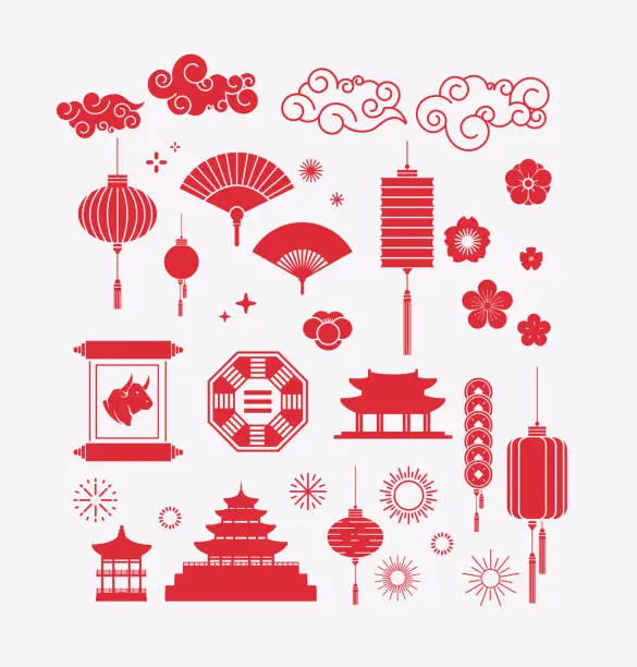 Vector illustration of asian elements ses decorative collection of lanterns ornaments in chinese and japanese style for greeting card