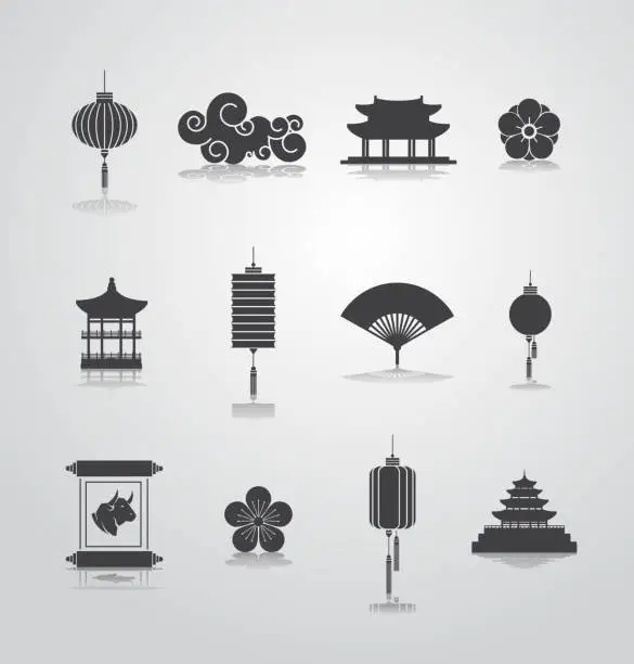 Vector illustration of asian elements ses decorative collection of lanterns ornaments in chinese and japanese style for greeting card