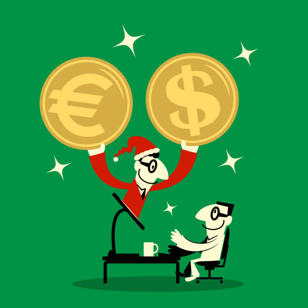 geschäftsmann in einem weihnachtsmann-anzug zeigt sich auf computer-monitor und sendet us-dollar und eu-währung an einen mann - currency exchange currency european union currency dollar stock-grafiken, -clipart, -cartoons und -symbole