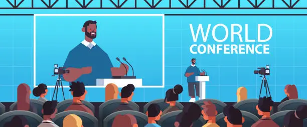 Vector illustration of businessman giving speech at tribune with microphone on corporate international world conference