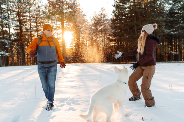 istock Happy couple enjoying winter day with dog 1289802582