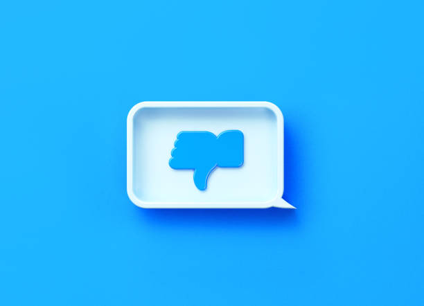 Dislike symbol drawn white chat bubble on blue background. Horizontal composition with copy space. Social media concept.