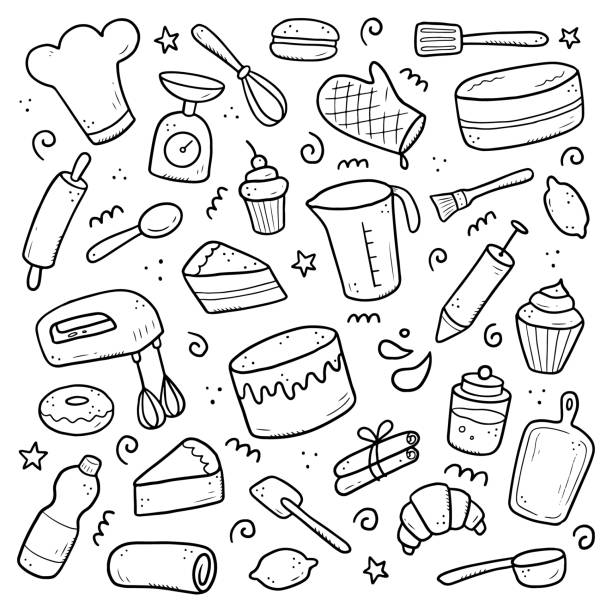 Hand drawn set of baking and cooking elements Hand drawn set of baking and cooking elements, mixer, cake, spoon, cupcake, scale. Doodle sketch style. Bakery element drawn by digital brush-pen. Illustration for icon, menu, recipe design. baked stock illustrations