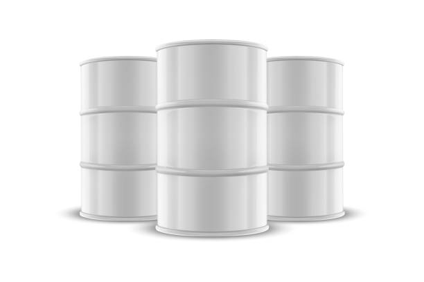 istock Vector 3d Realistic Illustration. White Simple Glossy Metal Oil, Fuel, Gasoline Barrel Set Closeup Isolated on White Background. Design Template of Packaging for Mockup. Front View 1289806004