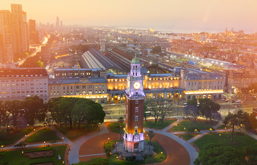 Aerial view of Buenos Aires with Torre Monumental - clock tower, at sunset. Argentina.