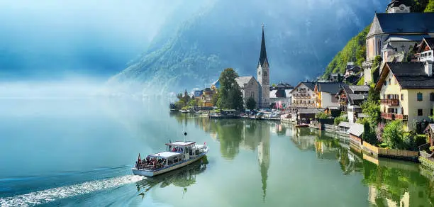 Hallstatt Village in Austria Panorama Photo capture in the morning with the boat.