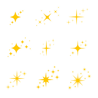 Gold, yellow stars twinkles and sparkles icons. Bright flash, dazzle light, shining glow effects set. Vector illustration