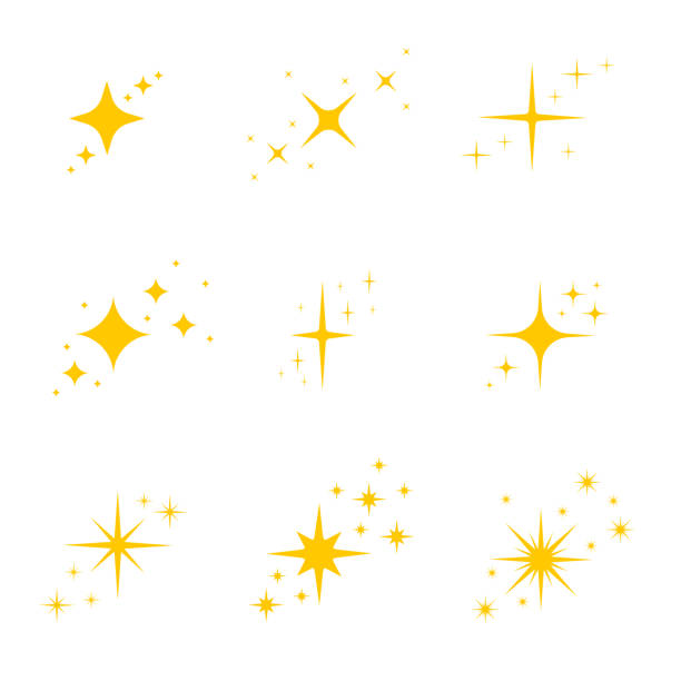 Gold, yellow stars twinkles and sparkles Gold, yellow stars twinkles and sparkles icons. Bright flash, dazzle light, shining glow effects set. Vector illustration glitter illustrations stock illustrations