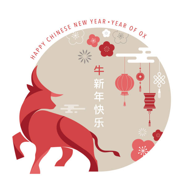 ilustraciones, imágenes clip art, dibujos animados e iconos de stock de año nuevo chino 2021 año del buey, vaca roja, símbolo del zodiaco chino. fondo vectorial con decoraciones orientales tradicionales - paintings sign astrology fortune telling