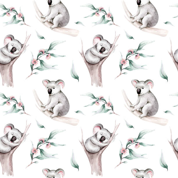 aquarell nahtlose muster cartoon baby koala tropischen tier illustration. dschungel exotische nsommer hintergrund druck. australische trendige zoo isoliert design - koala australia animal isolated stock-grafiken, -clipart, -cartoons und -symbole